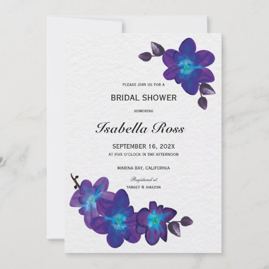 Teal Paarse Orchidee Bruidsfeest Uitnodiging Print (Voorkant)
