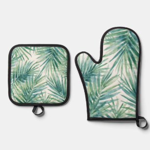 Teal palmbloemen ovenwant & pannenlap set