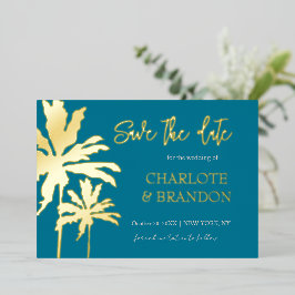 Teal Palmbomen Strand Bruiloft Save The Date Goud Folie Uitnodiging