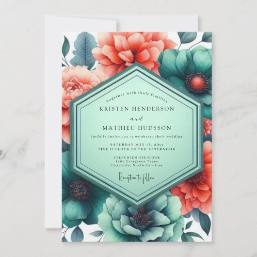 Teal Paprika Vibrant Flora Wedding Kaart (Voorkant)