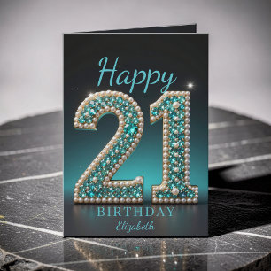 Teal Parel Diamant Glam 21e Verjaardagsgroet Kaart