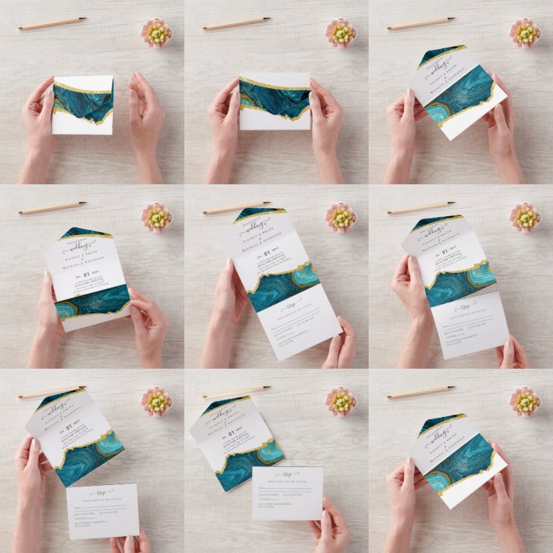 Teal Pauwblauw Gouden Agaten Bruiloft All In One Uitnodiging