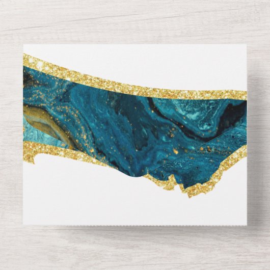 Teal Pauwblauw Gouden Agaten Bruiloft All In One Uitnodiging (Achterkant)