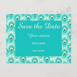 Teal pauwenveer save the date  briefkaart