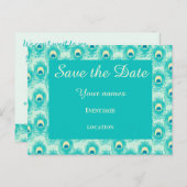 Teal pauwenveer save the date briefkaart (Voorkant / Achterkant)
