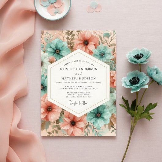 Teal Peach Floral Ethereal Wedding Kaart