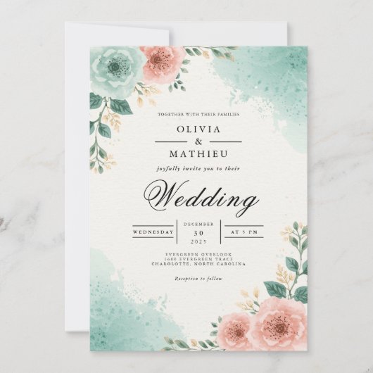 Teal Peach Floral Watercolor Wedding Kaart (Voorkant)