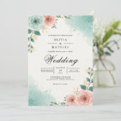 Teal Peach Floral Watercolor Wedding Kaart (Staand voorkant)