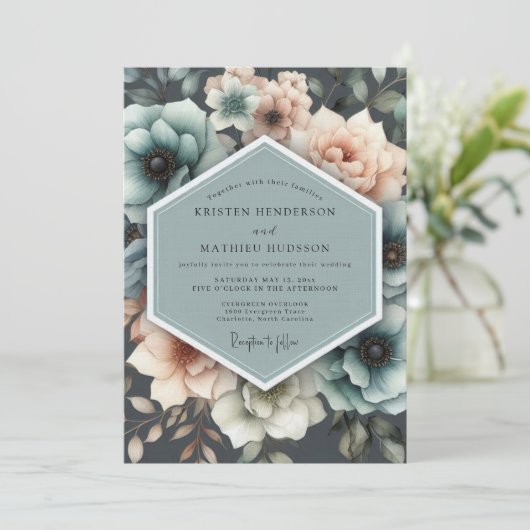 Teal & Peach Painterly Bloom Wedding Kaart (Staand voorkant)