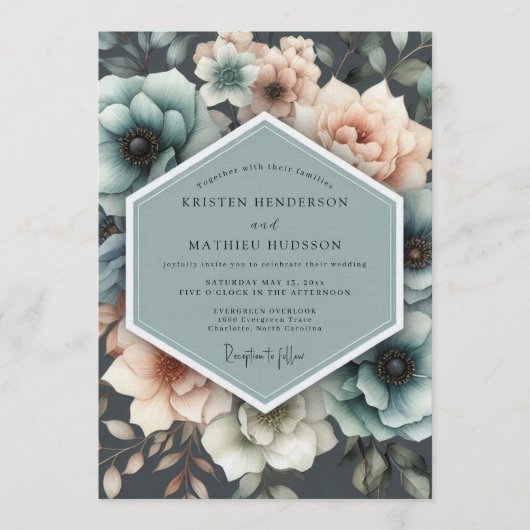 Teal & Peach Painterly Bloom Wedding Kaart (Voorkant)