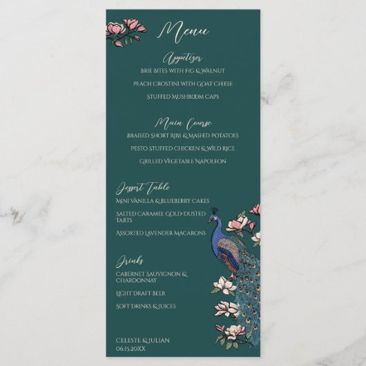 Teal Peacock Hand-Drawn Wedding Menu (Voorkant)