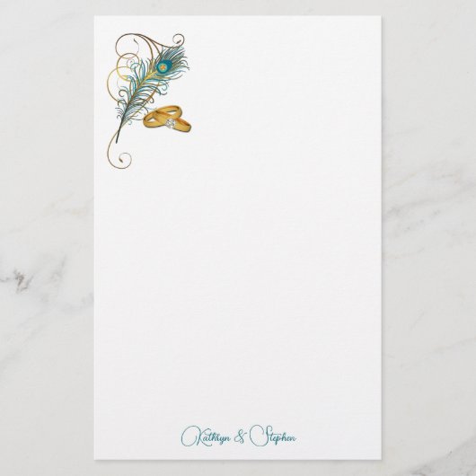 Teal Peacock Wedding with Gold Wedding Bands Briefpapier (Voorkant)