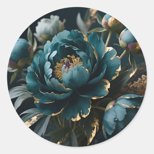Teal Peony Gold Luxe Botanical Bloom Ronde Sticker (Voorkant)