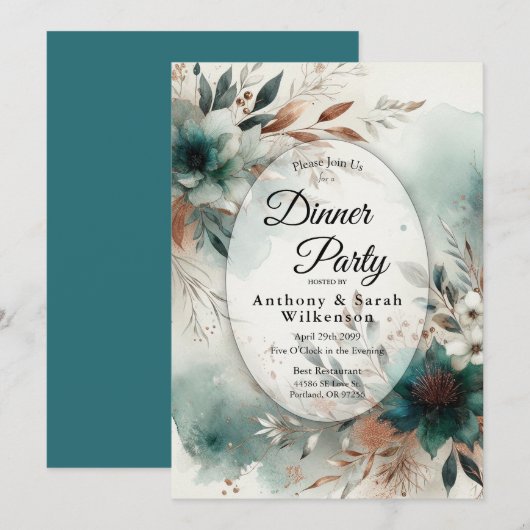 Teal Petals in Bronze Bloom Restaurant Dinner Kaart (Voorkant / Achterkant)