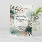 Teal Petals in Bronze Bloom Wedding Kaart (Staand voorkant)