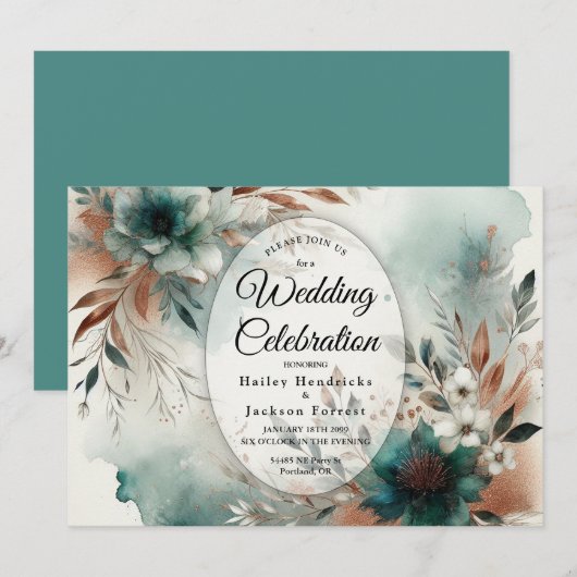 Teal Petals in Bronze Bloom Wedding Kaart (Voorkant / Achterkant)