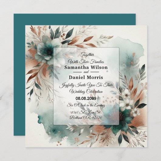 Teal Petals in Bronze Bloom Wedding Kaart (Voorkant / Achterkant)