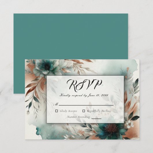 Teal Petals in Bronze Bloom Wedding RSVP Kaartje (Voorkant / Achterkant)