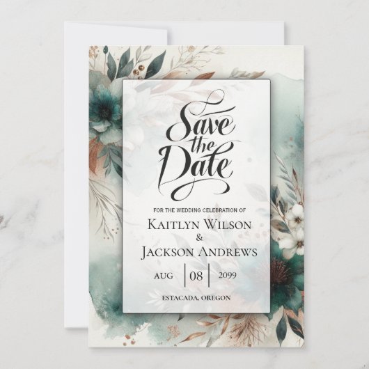 Teal Petals in Bronze Bloom Wedding Save The Date (Voorkant)