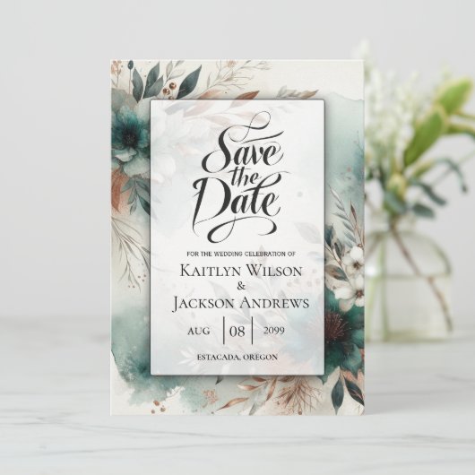 Teal Petals in Bronze Bloom Wedding Save The Date (Staand voorkant)