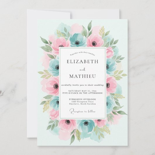 Teal Pink Floral Flourish Wedding Kaart (Voorkant)