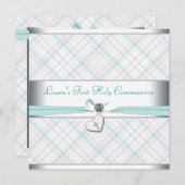 Teal Pink Heart Pink Cross First Communion Kaart (Voorkant / Achterkant)