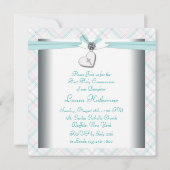 Teal Pink Heart Pink Cross First Communion Kaart (Achterkant)