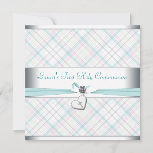 Teal Pink Heart Pink Cross First Communion Kaart (Voorkant)