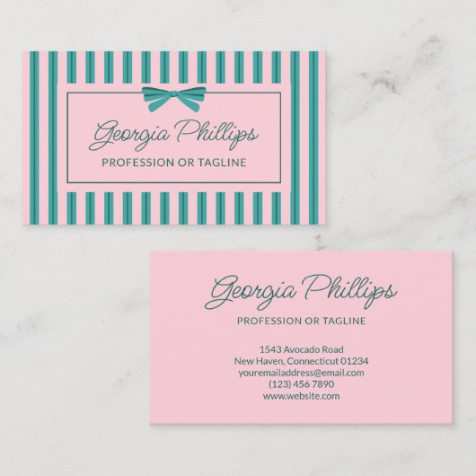 Teal & Pink Stripes & Bow Retro Visitekaartje (Voorkant / Achterkant)