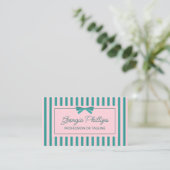 Teal & Pink Stripes & Bow Retro Visitekaartje (Staand voorkant)
