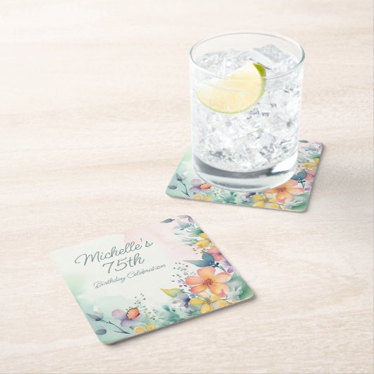 Teal Pink Yellow Pastel Floral 75th Birthday Kartonnen Onderzetters (Insitu)