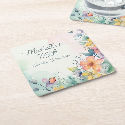 Teal Pink Yellow Pastel Floral 75th Birthday Kartonnen Onderzetters (Schuin)
