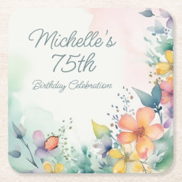Teal Pink Yellow Pastel Floral 75th Birthday Kartonnen Onderzetters