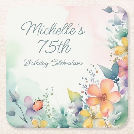 Teal Pink Yellow Pastel Floral 75th Birthday Kartonnen Onderzetters (Voorkant)