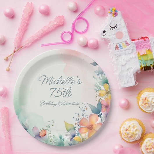 Teal Pink Yellow Pastel Floral 75th Birthday Papieren Bordje (Feest)