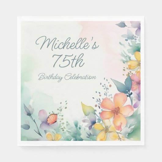 Teal Pink Yellow Pastel Floral 75th Birthday Servet (Voorkant)