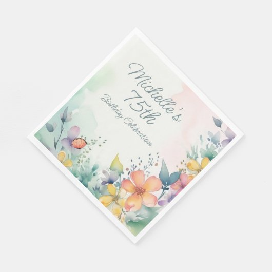 Teal Pink Yellow Pastel Floral 75th Birthday Servet (Hoek)