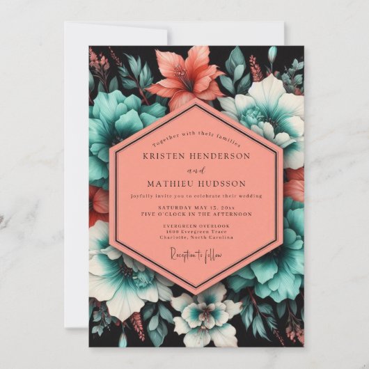 Teal Poetic Bloom Wedding Kaart (Voorkant)