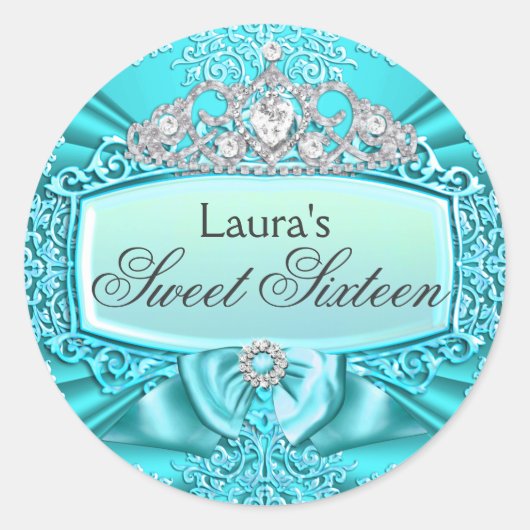 Teal Princess Tiara & Damask Sweet 16 Sticker (Voorkant)