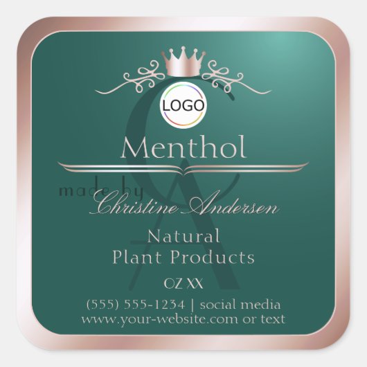 Teal Product Label Rose Gold Frame Logo Monogram (Voorkant)