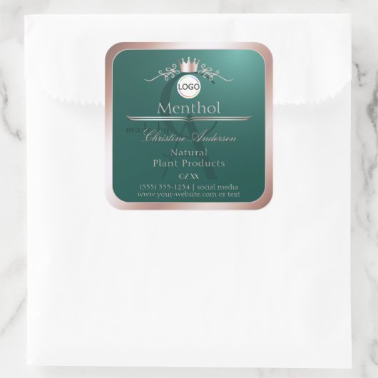 Teal Product Label Rose Gold Frame Logo Monogram (Tas)