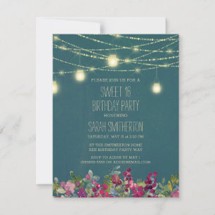 Teal Prum Paarse Bloemenslinger Lichtjes Sweet 16 Kaart