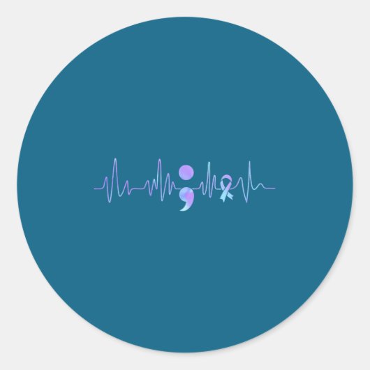 Teal Purple Heartbeat Semicolon Suicide Prevention Ronde Sticker (Voorkant)