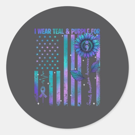 Teal Purple Us Usa Flag Suicide Prevention Awarene Ronde Sticker (Voorkant)