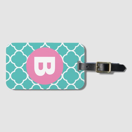 Teal Quatrefoil Pattern Custom Pink Monogram Bagagelabel (Voorkant (horizontaal))