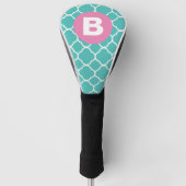 Teal Quatrefoil Pattern Custom Pink Monogram Golfheadcover (Voorkant)