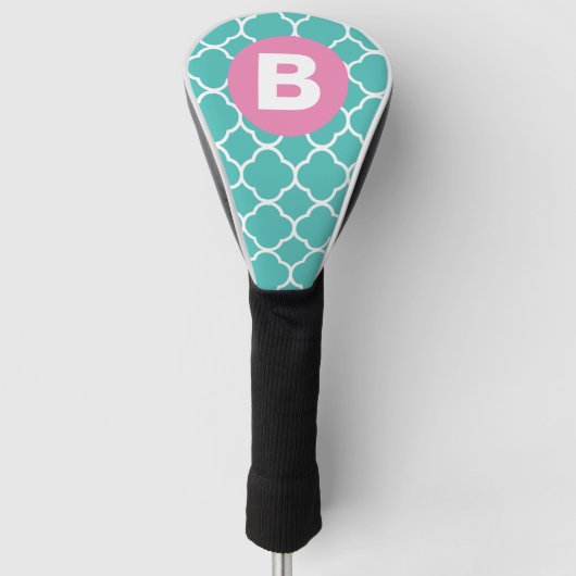 Teal Quatrefoil Pattern Custom Pink Monogram Golfheadcover (Voorkant)