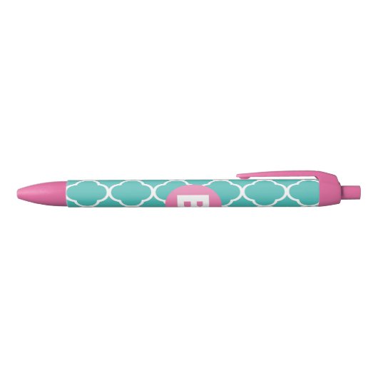 Teal Quatrefoil Pattern Custom Pink Monogram Zwarte Inkt Pen (Bovenkant)