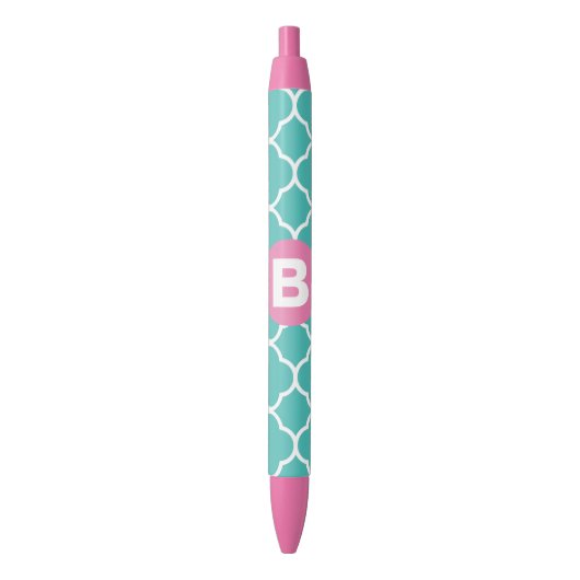 Teal Quatrefoil Pattern Custom Pink Monogram Zwarte Inkt Pen (Voorkant Verticaal)