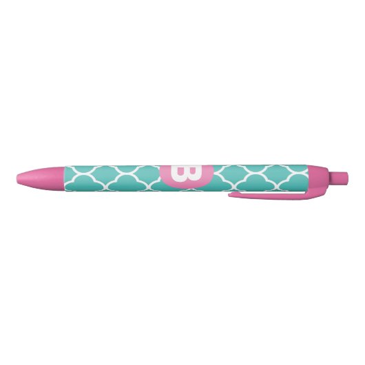 Teal Quatrefoil Pattern Custom Pink Monogram Zwarte Inkt Pen (Bodem)